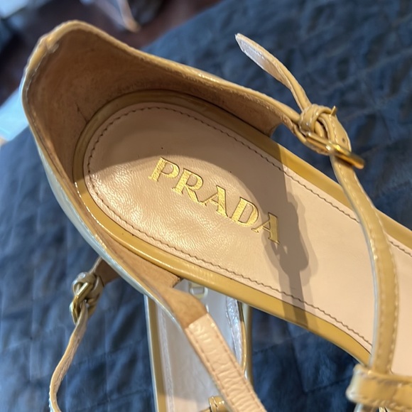 Prada Patent Leather Tan T Strap Heels - Picture 2 of 11